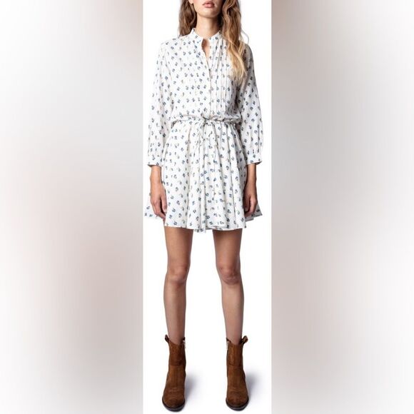 Zadig & Voltaire Ranil Light Flower Long Sleeve Cotton Blend Dobby Dress NWOT - Picture 3 of 9